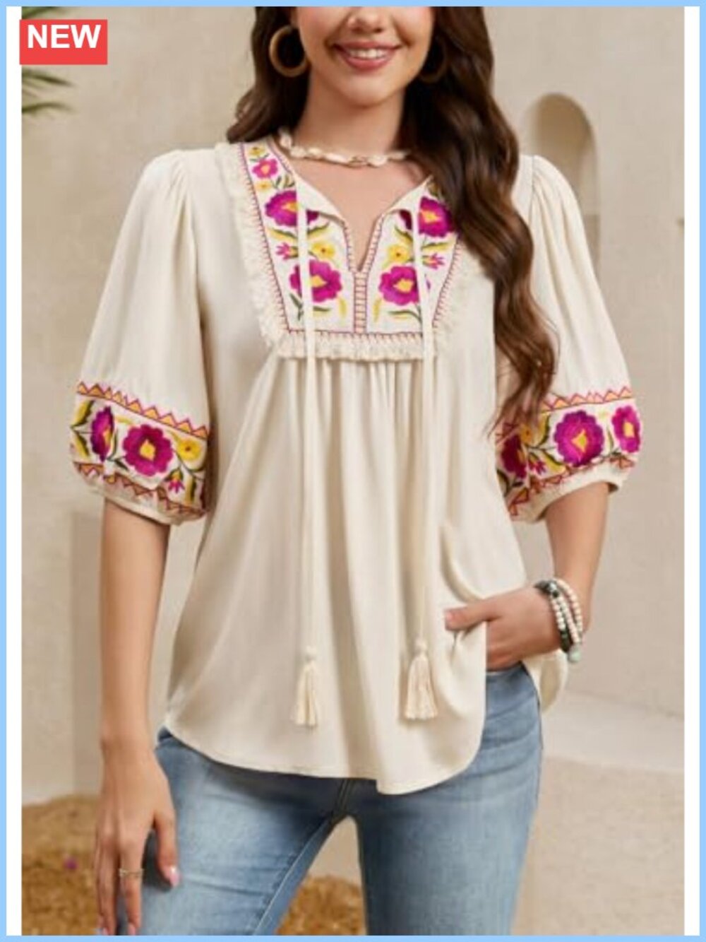 Women's Embroidered Boho Tunic Blouse Puff Short Sleeve Floral Tassel - Picture 3 of 6